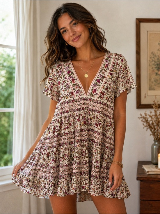 Patrons of Peace Dresses & Skirts - Patrons of Peace size Small Floral V-Neck Smocked Waist Mini Dress